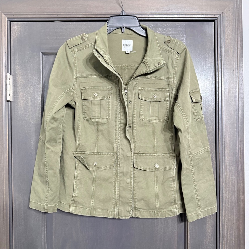 Kensie Jeans Womens Olive Green Utility Military Jacket Stretch Cotton Large